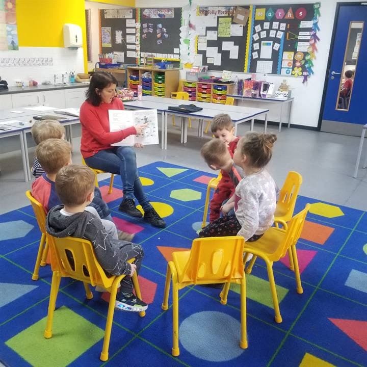 A teacher working with young children in a classroom circle.