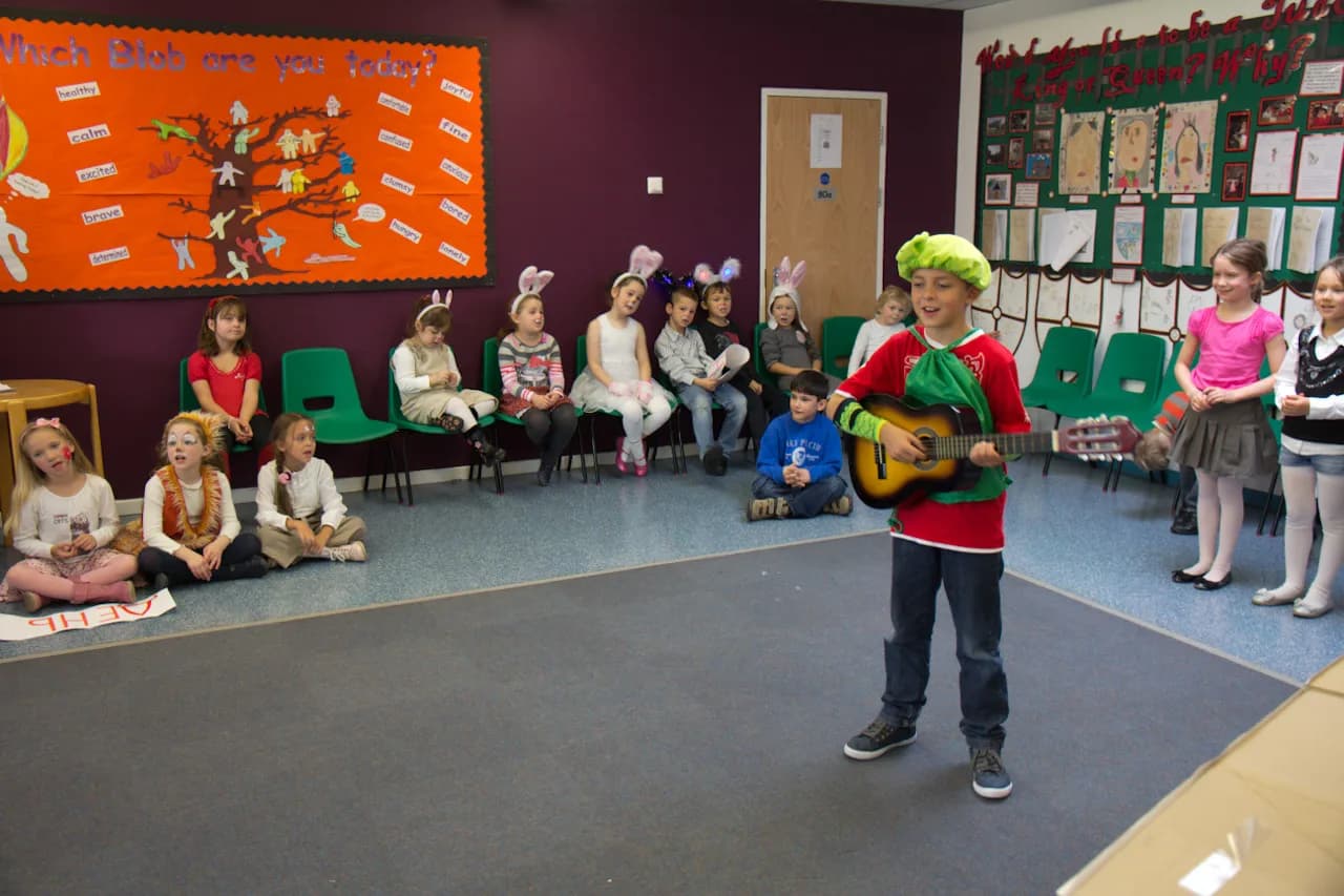 A wide classroom view of children watching a recital performance.