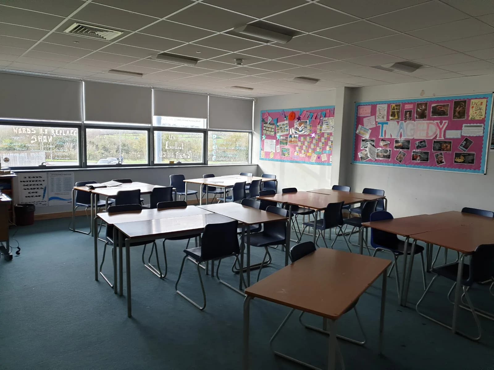 An empty classroom prepared for weekend Russian school lessons.